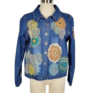 West End Denim Jean Jacket Womens Petite Large Blue Floral Boho Hippie Appliqué